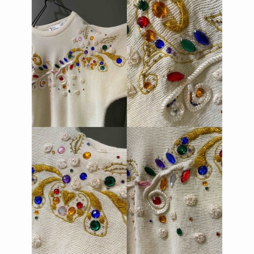 ビンテージ 90s 刺繍 ビーズ デザイン 3D宝石 カラフル ニット セーター レディースのトップス(ニット/セーター)の商品写真