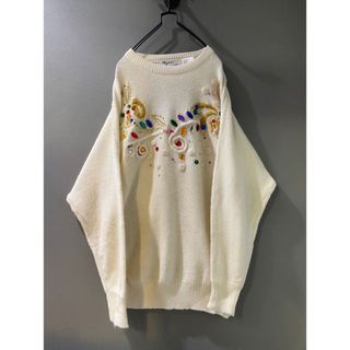 ビンテージ 90s 刺繍 ビーズ デザイン 3D宝石 カラフル ニット セーター(ニット/セーター)