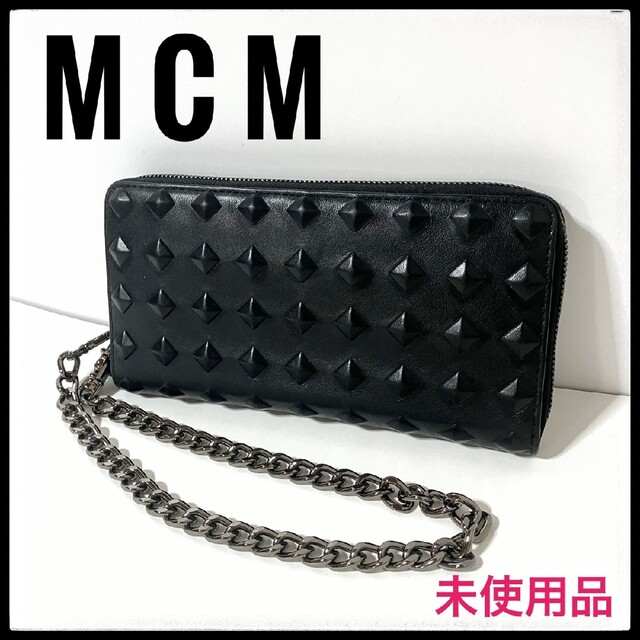 未使用　MCM◆長財布/レザー/BLK/無地/ウォレットチェーン付