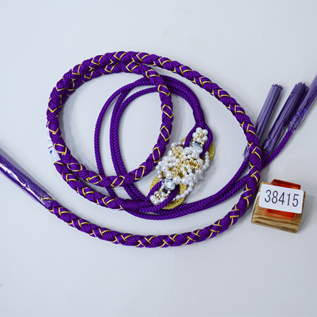 帯締め 正絹 飾り大 パール ビーズ 豪華金糸入 紫色 NO38415