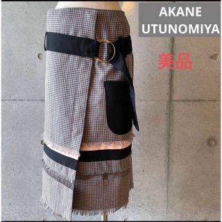 アカネウツノミヤ(AKANE UTSUNOMIYA)の【美品】AKANE UTUNOMIYAチェックラップスカートシルク綿(ひざ丈スカート)