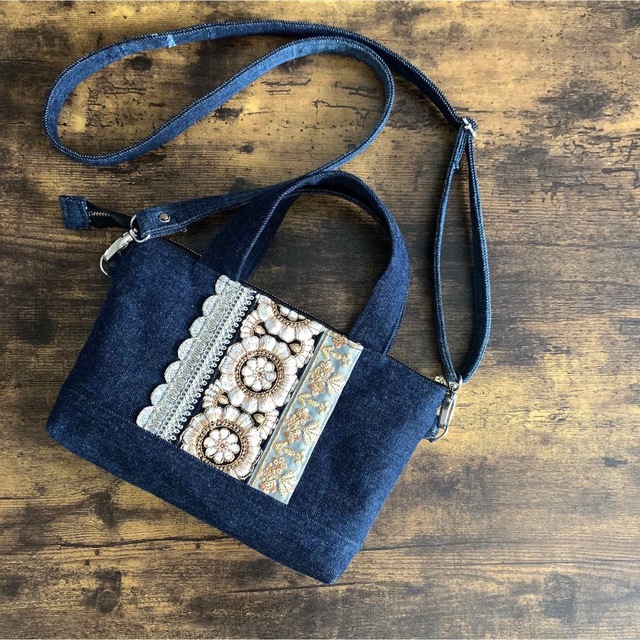 handmade デニムリメイク インド刺繍リボン ミニショルダー