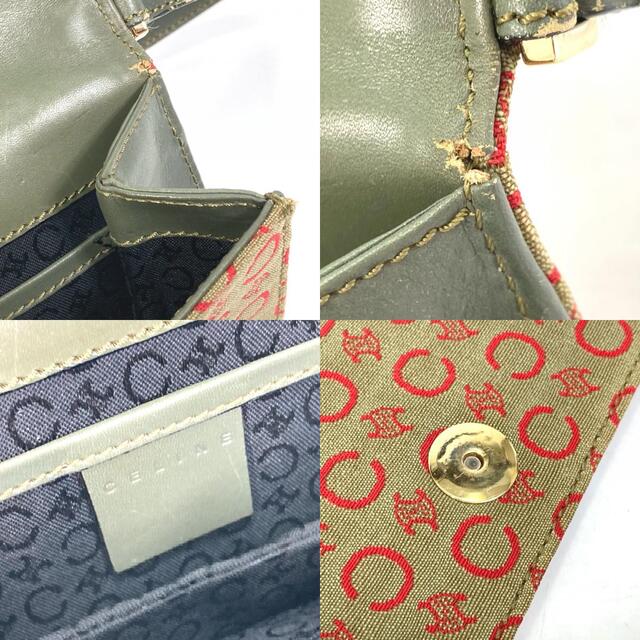 セリーヌ CELINE Cマカダム ミニハンドバッグ アクセサリーポーチ キャンバス/レザー カーキ×レッド