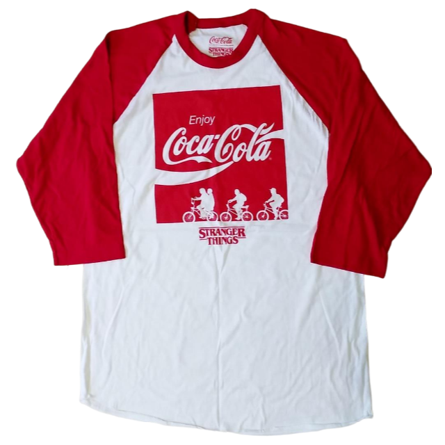 ストレンジャーシングス × コカ・コーラ　七分袖Ｔシャツ　Ｌ　白×赤 *コットン薄手です製造国