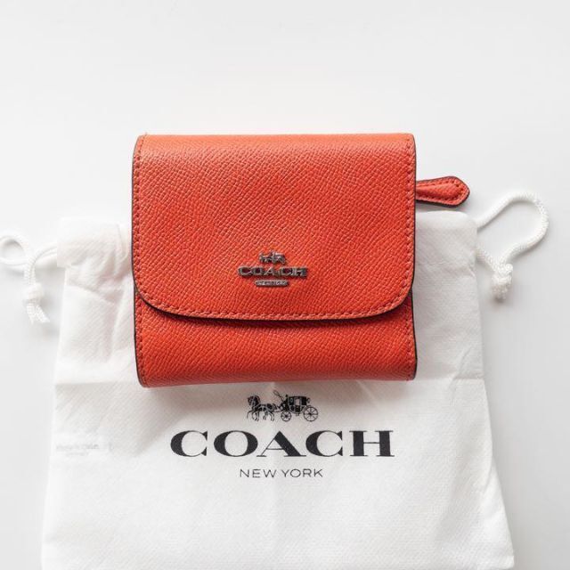 美品 COACH コーチ 三つ折り財布 レザー レディース オレンジ レッド