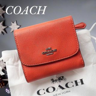 コーチ(COACH)の美品 COACH コーチ 三つ折り財布 レザー レディース オレンジ レッド(財布)