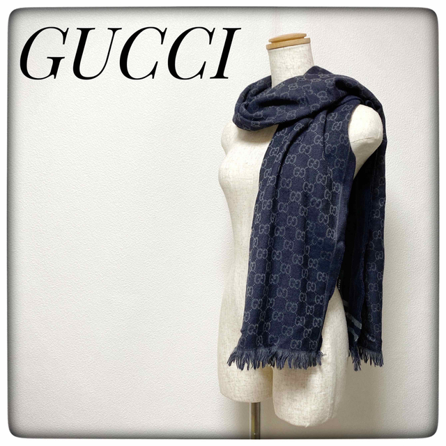 GUCCIグッチ✨マフラー ストール ネイビー紺色GG ブランドマーク 最も