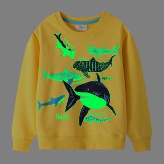 光る トレーナー 水族館 キッズ 120 男の子 長袖 夜光 紺 シャーク 魚(Tシャツ/カットソー)