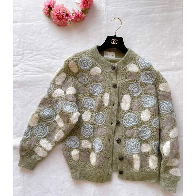 ビンテージ 70s カーディガン ニット 花柄 wool モヘア 希少美品