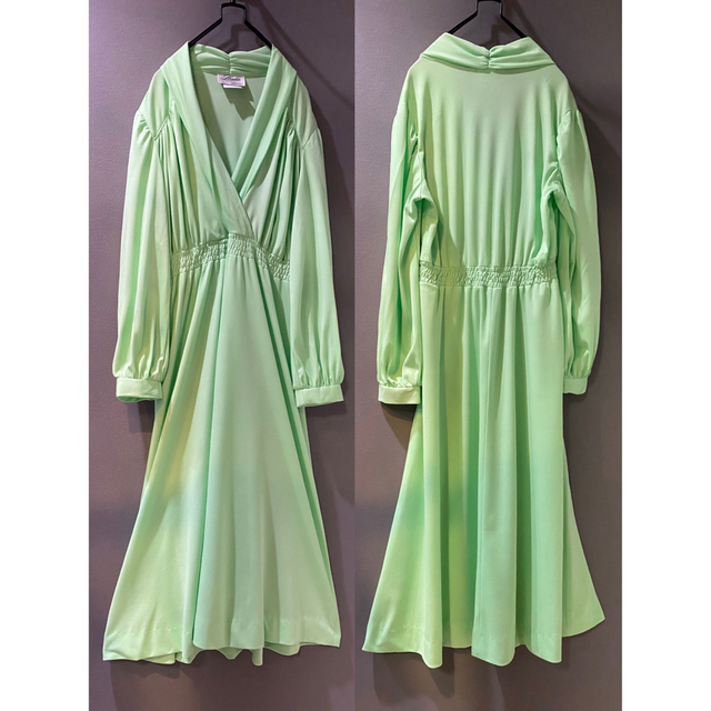 ビンテージ 70s USA グリーンドレス 長袖 マダム ワンピース 美 ビンテージ 70s USA グリーンドレス 長袖 マダム ワンピース 美