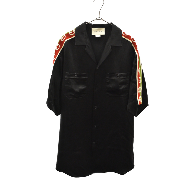 Gucci(グッチ)のGUCCI グッチ 19AW TAPED LOGO VACATION SHIRT 619025 ZAEP5 GGジャガードテープオープンカラー半袖シャツ ブラック メンズのトップス(シャツ)の商品写真