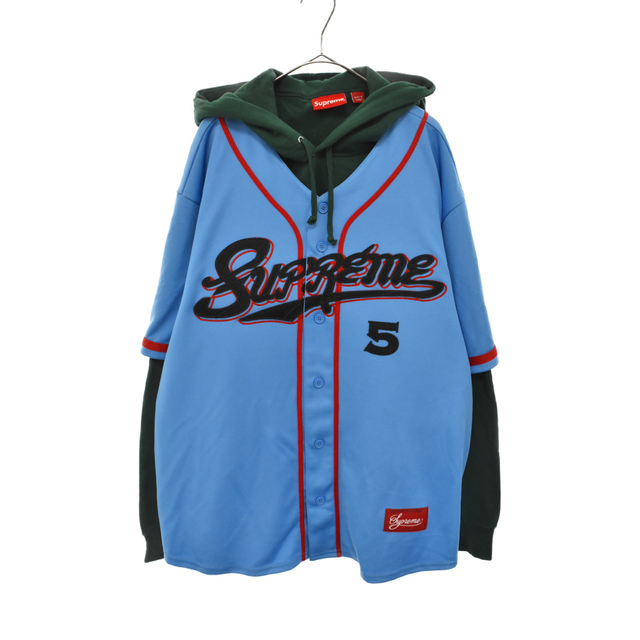 610センチトップス着丈SUPREME シュプリーム 22SS Baseball Jersey Hooded Sweatsh フード付きベースボールプルオーバーパーカー ブルー