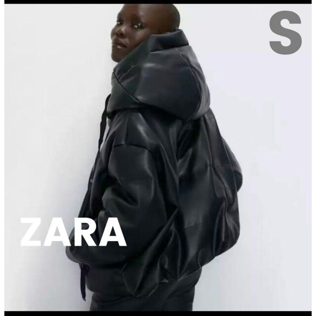 ZARA(ザラ)のZARA フェイクレザーダウンジャケット ブラック アウター コート ザラ 人気 レディースのジャケット/アウター(ダウンジャケット)の商品写真