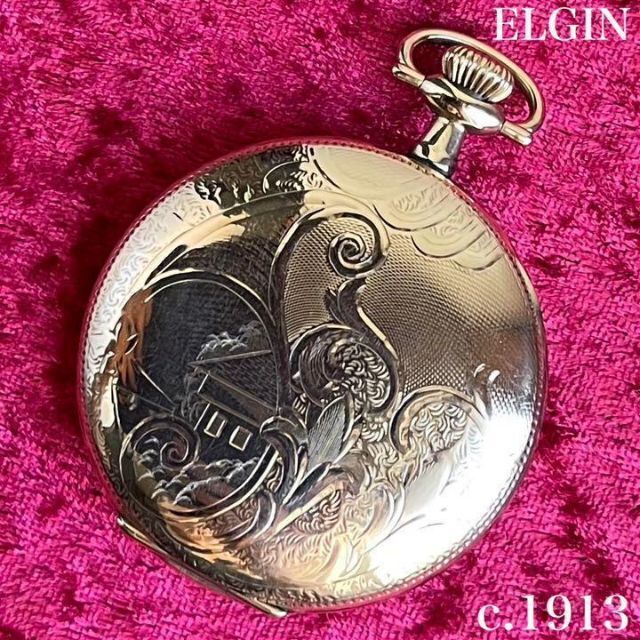 ELGIN - 【魅惑のアールデコ!1913年エルジン懐中時計】12Sゴールド手巻ハンター稼働品