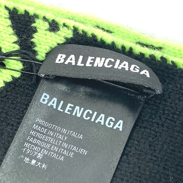 Balenciaga(バレンシアガ)のバレンシアガ BALENCIAGA スカーフ 621020 総柄 ネオンカラー マフラー ウール ブラック×ネオングリーン 新品同様 レディースのファッション小物(マフラー/ショール)の商品写真