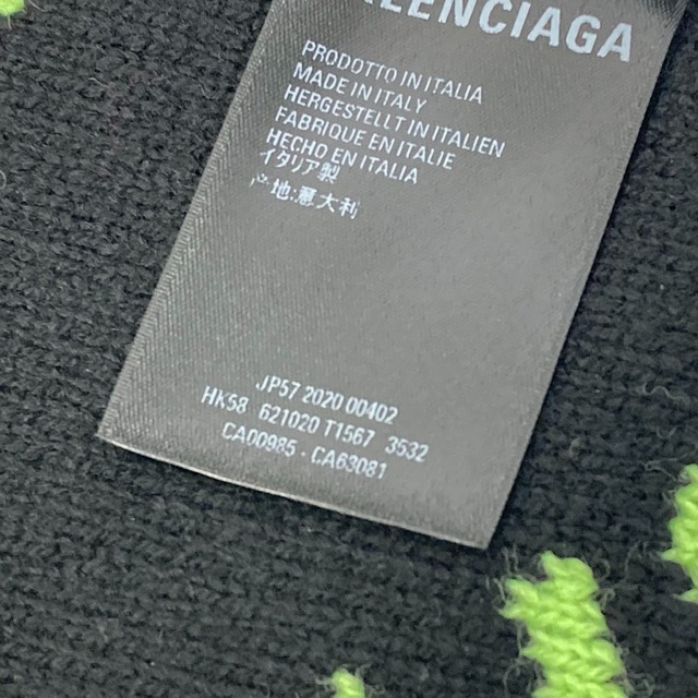 Balenciaga(バレンシアガ)のバレンシアガ BALENCIAGA スカーフ 621020 総柄 ネオンカラー マフラー ウール ブラック×ネオングリーン 新品同様 レディースのファッション小物(マフラー/ショール)の商品写真