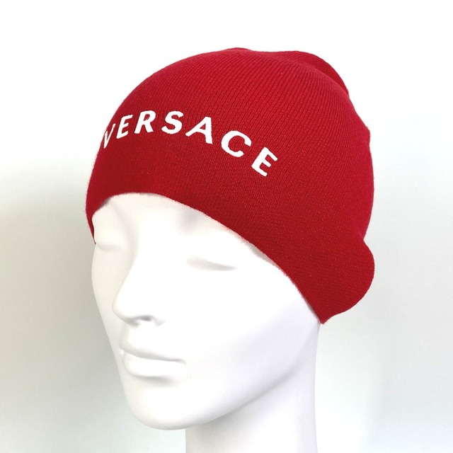 VERSACE(ヴェルサーチ)のヴェルサーチ VERSACE ロゴ ビーニー ニットキャップ 帽子 バイカラー ニット帽 ウール レッド 未使用 レディースの帽子(ニット帽/ビーニー)の商品写真