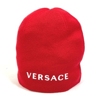 ヴェルサーチ(VERSACE)のヴェルサーチ VERSACE ロゴ ビーニー ニットキャップ 帽子 バイカラー ニット帽 ウール レッド 未使用(ニット帽/ビーニー)