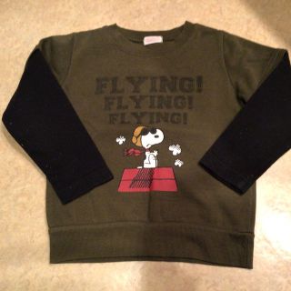 スヌーピー(SNOOPY)の長袖　レイヤード　トレーナー　重ね着風　スヌーピー　カーキ　黒　110(Tシャツ/カットソー)