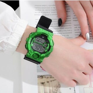 新品 送料無料 ＡＯＳＵＮ 腕時計デジタル多機能LEDブラック×メタルグリーン(腕時計(デジタル))