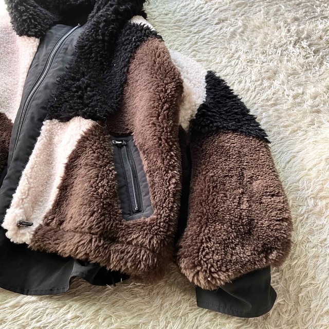 異素材 ボアジャケット クレイジーパターン ブラックブラウン系 モフモフゆったり毛皮/ファーコート