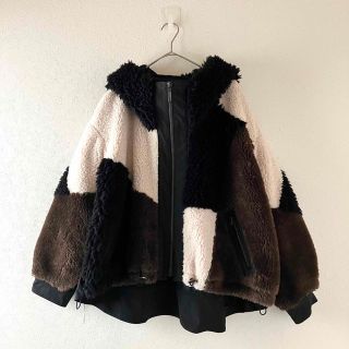 異素材 ボアジャケット クレイジーパターン ブラックブラウン系 モフモフゆったり(毛皮/ファーコート)