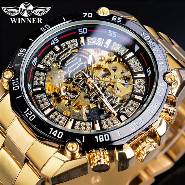 【お年玉セール特価】新品 送料無料 3D ゴールド フルスケルトン 自動巻き 機械式 腕時計 ラッパ