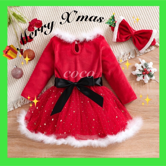 【最終セール】110 クリスマス ワンピース ドレス リボン サンタ ファー キッズ/ベビー/マタニティのキッズ服女の子用(90cm~)(ワンピース)の商品写真