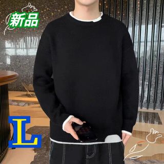 メンズ トレーナー 重ね着風 ラウンドネック 綿麻調 ニットセーター Lサイズ(ニット/セーター)