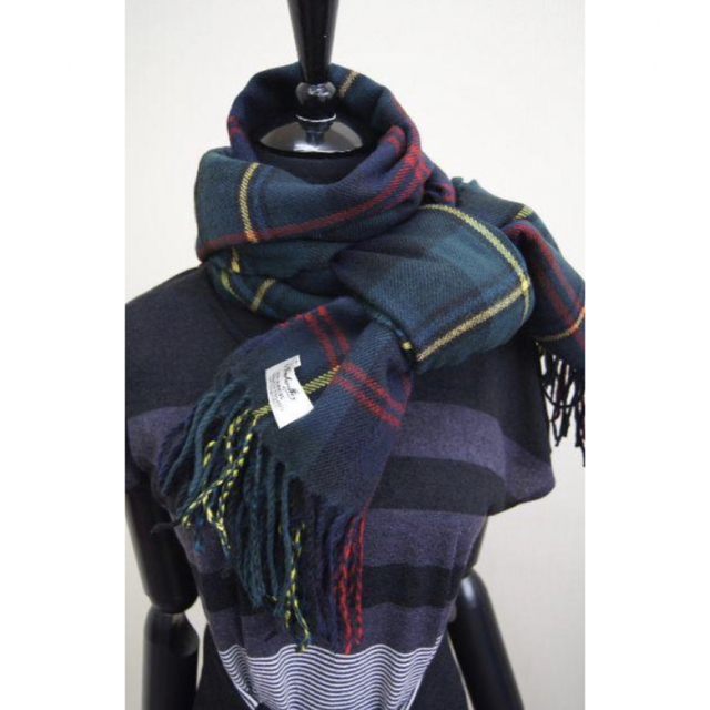 カシミヤ100%マフラー☆Tartan-check-tricolore緑紺 レディースのファッション小物(ストール/パシュミナ)の商品写真