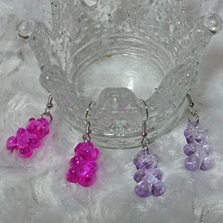 新品★可愛いベアフックピアス／濃いピンク+淡いパープル(ピアス)