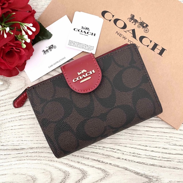 《新品》COACH レッド ブラウン シグネチャー レザー 折り財布