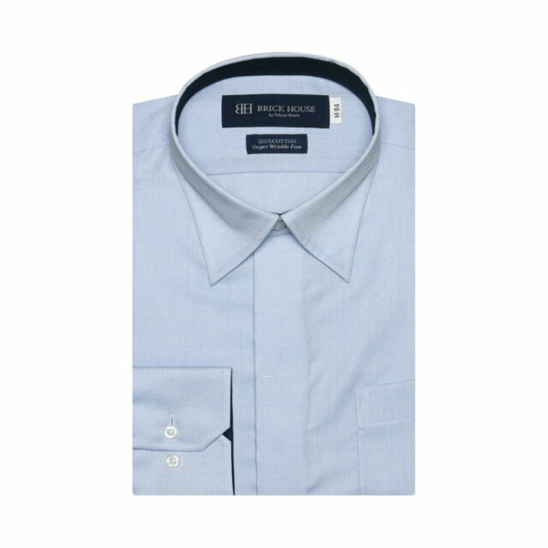 【ブルー】(M)【超形態安定】 スナップダウンカラー 長袖 形態安定 ワイシャツ 綿100%