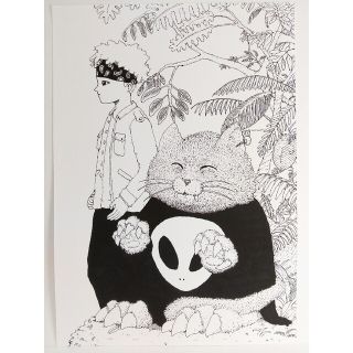 オリジナルイラスト 手描きイラスト 植物と動物と少年 ハンドメイド 絵 モノクロ(アート/写真)