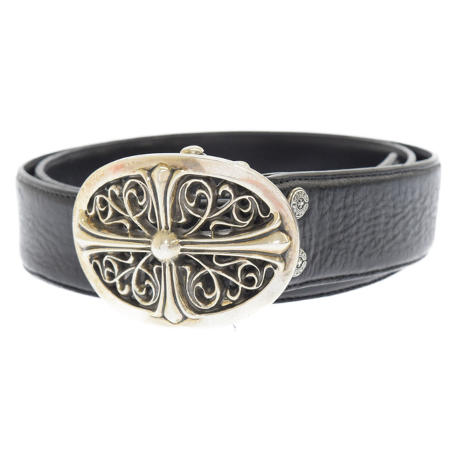 CHROME HEARTS クロムハーツ OVAL CROSS STRAP1.5/1.5クラシックオーバルクロスバックル レザーベルト ブラック/シルバー 国内ギャランティ付き