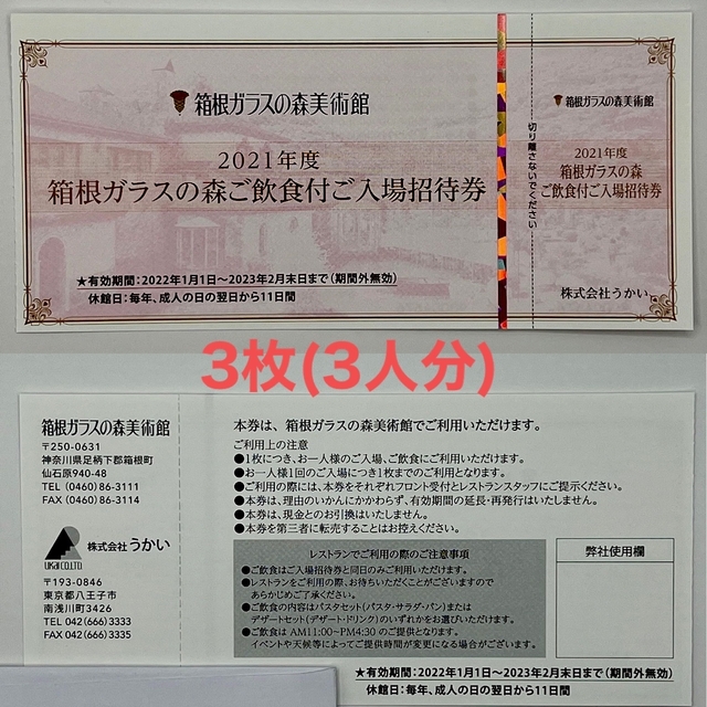 箱根ガラスの森　飲食付き入場券３枚　期限2023年2月末