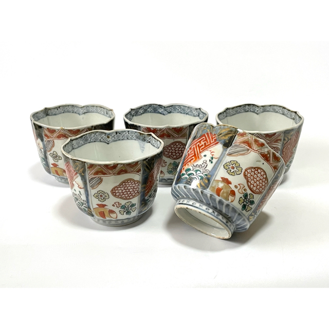 骨董 古伊万里 金襴手 色絵 輪花縁 野菜文 向付 蕎麦猪口 5点 最適な