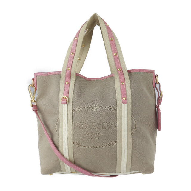 最適な材料 PRADA - 【本物保証】 ロゴ ゴールド金具 ピンク ベージュ