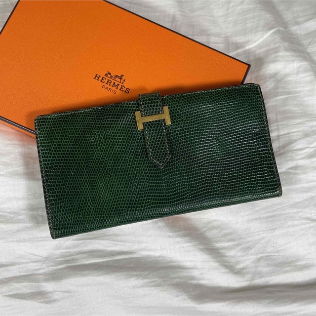 の激安 HERMES べアン クラシック リザード グリーン 長財布