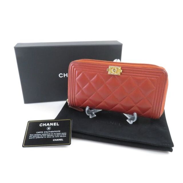 CHANEL シャネル A80288 ボーイシャネル ロングジップウォレット 1点 ラムスキン ラウンドファスナー長財布 赤 茶 レンガ レディース AU1153W