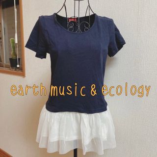 アースミュージックアンドエコロジー(earth music & ecology)の★タイムセール★ 美品 アース レース フリル 付き Tシャツ ネイビー 紺　F(Tシャツ(半袖/袖なし))