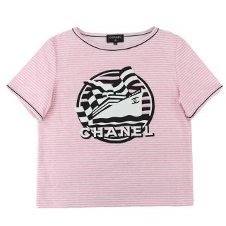 シャネル(CHANEL)の新品同様 シャネル 19C ランウェイ着用 パイルボーダーTシャツ レディース ピンク 白 38 ココマーク LA PAUSA CHANEL(Tシャツ(半袖/袖なし))