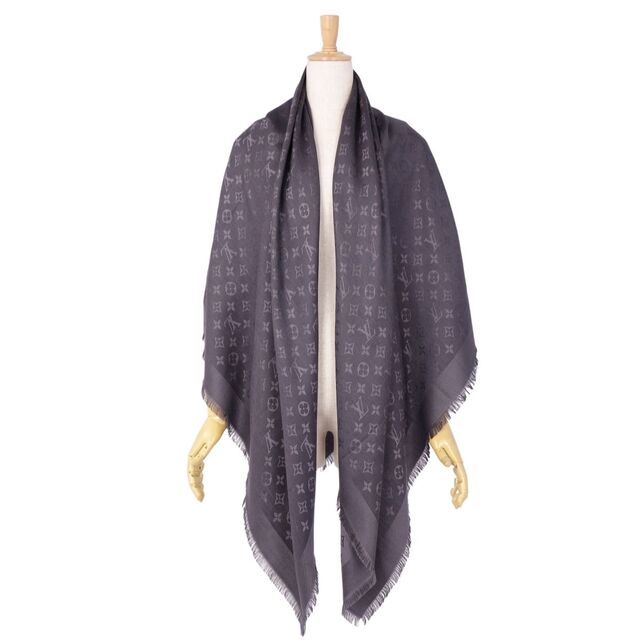 美品 ルイヴィトン LOUIS VUITTON ショール・モノグラム アントラシット M74752 ストール シルク ウール レディース グレー