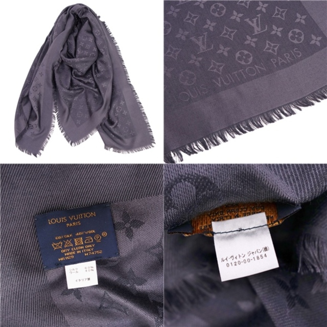 美品 ルイヴィトン LOUIS VUITTON ショール・モノグラム アントラシット M74752 ストール シルク ウール レディース グレー