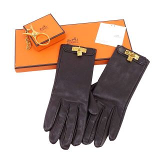 エルメス(Hermes)の極美品 エルメス HERMES 手袋 グローブ ケリー金具 カデナ 南京錠 ラムレザー クリップ付き レディース フランス製 ダークブラウン(手袋)