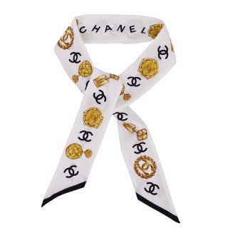 シャネル(CHANEL)の美品 シャネル CHANEL スカーフ ツイリー 22S シルク ココマーク ロゴ 総柄 レディース ホワイト/ブラック/ゴールド(バンダナ/スカーフ)