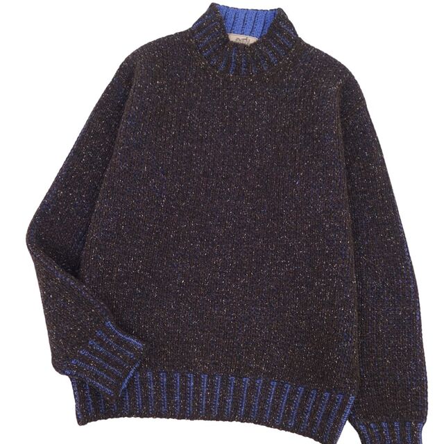 美品 エルメス HERMES ニット ローゲージ モックネック セーター ダブルフェイス ウール カシミヤ メンズ トップス M ブラウン/ブルー