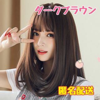 ★人気商品★　フルウィッグ　セミロング　ダークブラウン　かつら　ネット付(ロングストレート)