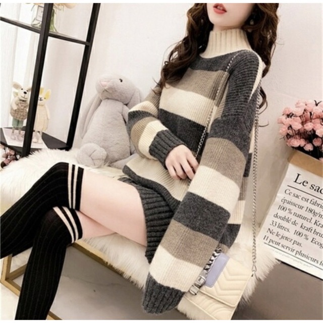 【清楚系のニットワンピース】レディース 韓国 秋冬 ボーダー 冬服 オルチャン