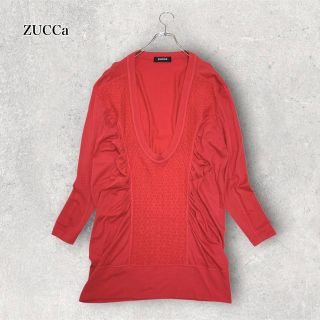 ズッカ(ZUCCa)のズッカ ZUCCa 刺繡 ギャザー 長袖 ロングカットソー ウール100% 赤(カットソー(長袖/七分))